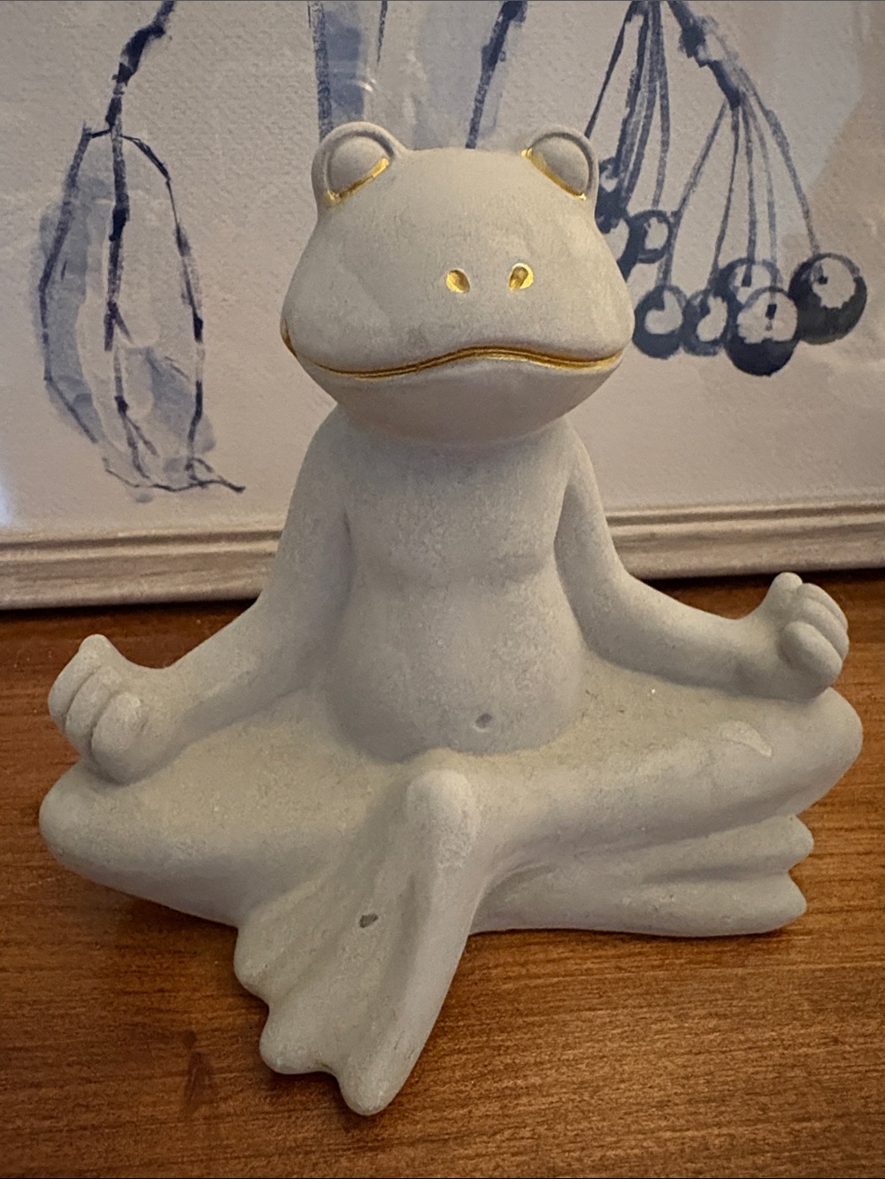 Stone Meditating Frog Figurine with Gold Accents